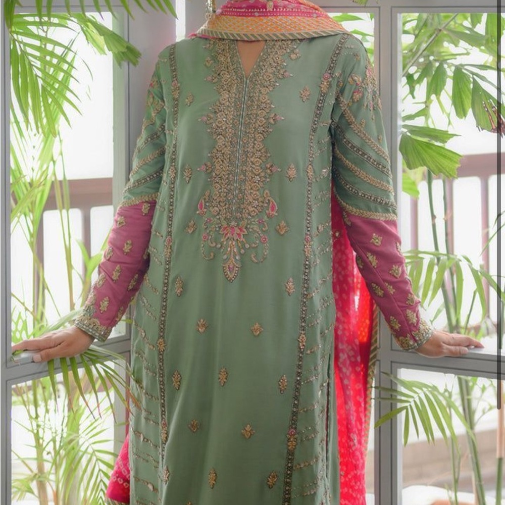 Naadia Farooqui designer pure silk Embroidered sea green pink kameez pant dress